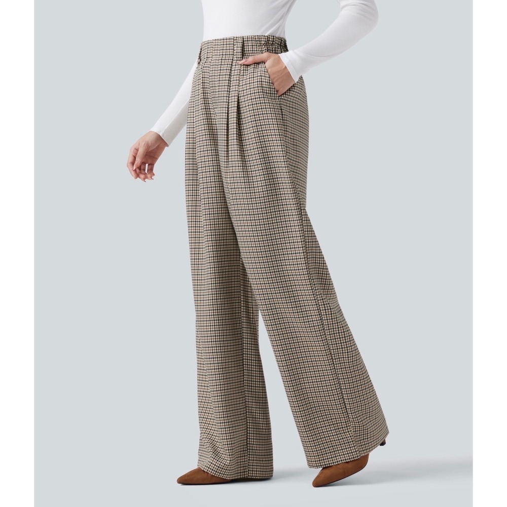 Halara Brown Houndstooth Plaid Pleated Wide Leg Pants Size L